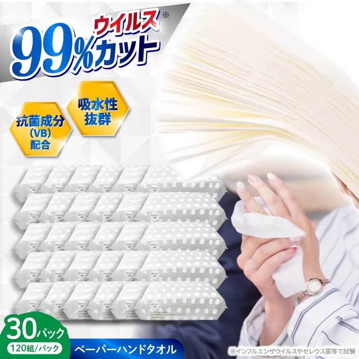 抗ウイルス 抗菌成分 (VB) 配合ふっくら柔らかペーパーハンドタオル エンボス仕上げ 120組 (240枚) ×30パック 【河野製紙株式会社】[ATAJ005]