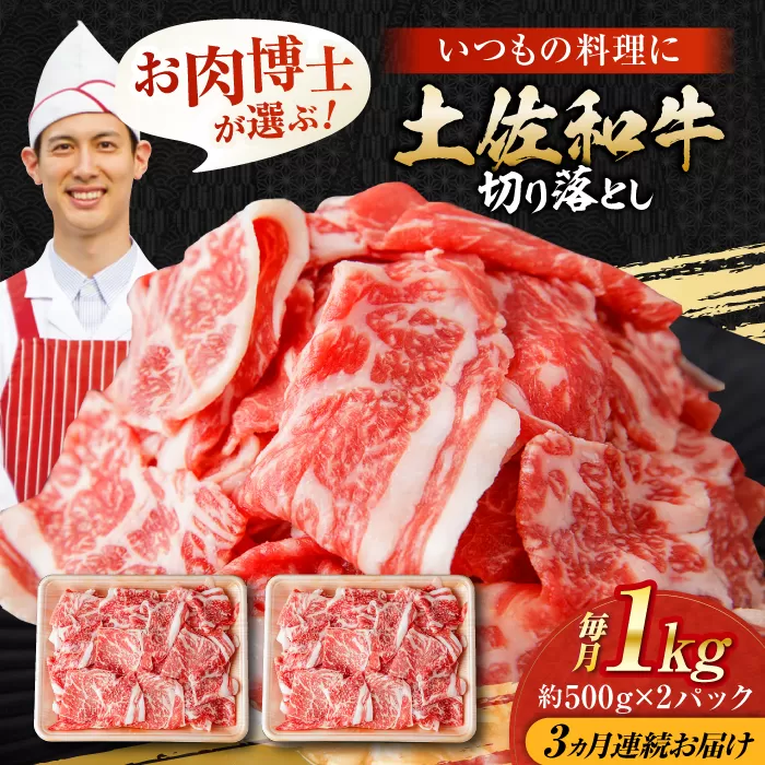 【3回定期便】高知県産 土佐和牛 切り落とし 炒め物 すき焼き用 約1kg×3ヵ月 総計約3kg [ATAP095]
