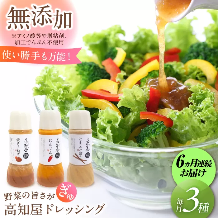 【6回定期便】素材力 高知屋 無添加ドレッシング3本セット (人参、焼き玉ねぎ、ごまとごぼう) / 国産 野菜 ドレッシング 万能ドレッシング 【株式会社 四国健商】 [ATAF126]