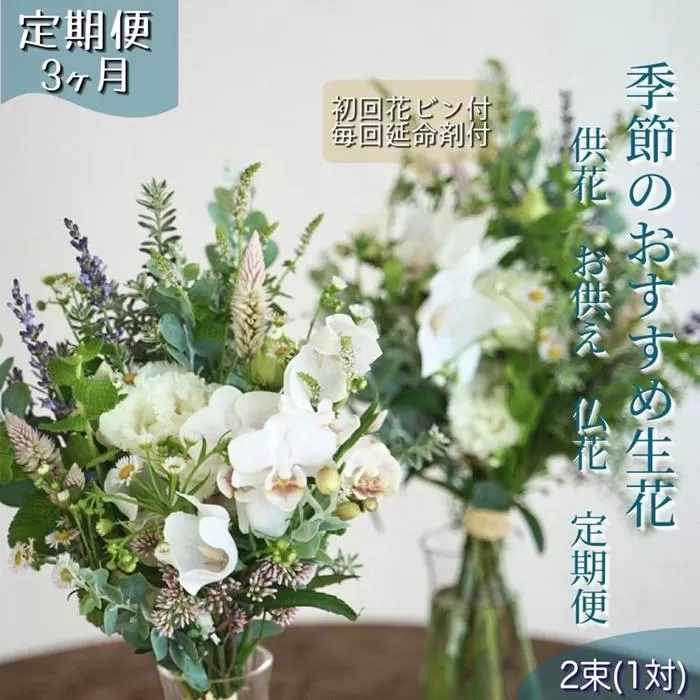 《定期便 3ヵ月》季節のおすすめ生花花束一対 お供え 供花 初回花瓶付