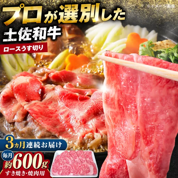 【3回定期便】土佐黒毛和牛 ロースうす切り (すき焼き 焼肉用) 約600g 総計約1.8kg 【株式会社 四国健商】 [ATAF131]
