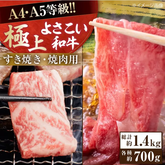 高知県産 よさこい和牛 すき焼き 焼肉セット 各種約700g 総計約1.4kg 牛肉 すきやき 焼き肉 BBQ A4 A5 国産 【(有)山重食肉】 [ATAP039]
