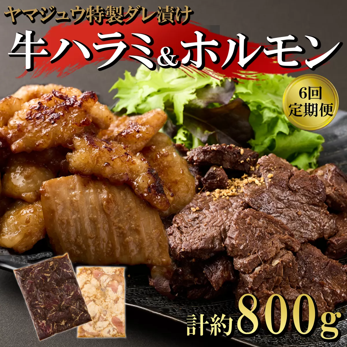 ヤマジュウの特選タレ漬け！牛ハラミ肉＆国産牛ホルモン計８００ｇ【６回定期便】