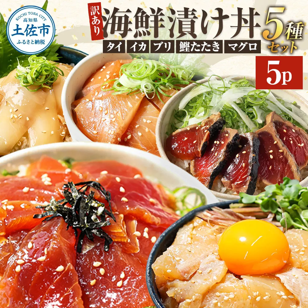 訳あり 海鮮漬け丼 (5種×各1P)計5P セット マグロ 鯛 イカ ブリ 鰹のたたき 海鮮丼セット 漬け丼 海鮮丼 漬け づけ丼 食べくらべ 漬け丼の素 海鮮丼の具 海鮮セット まぐろ いか ぶり 鯛 かつおのたたき 鰹タタキ 訳アリ 不揃い 規格外 わけあり 食べ比べ 海鮮 魚介類 水産加工品 冷凍 食品 保存食 鯛茶漬け 小分け 一人暮らし 簡単 高知 惣菜 7000円