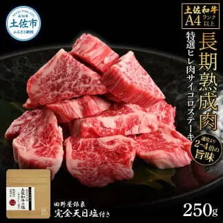 土佐和牛 特選ヒレ肉サイコロステーキ250g 田野屋銀象完全天日塩1P付き 特選 長期熟成肉