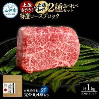 土佐あかうし＆土佐和牛2種食べ比べ 特選ロースブロック500g 計2P 田野屋銀象完全天日塩2P付 牛肉 肉 お肉 和牛 国産 牛 赤身 ヒレ カルビ ロース ブロック サーロイン 熟成肉