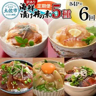 【6回定期便】訳あり土佐の海鮮漬け丼（5種×各4袋）セット 漬け丼の素 タイ 鯛 ブリ 鰤 マグロ 鮪 イカ カツオ 鰹 たたき 新鮮 魚 おかず おつまみ 惣菜 小分け 簡単 訳アリ わけあり