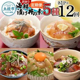 【12回定期便】訳あり土佐の海鮮漬け丼（5種×各1袋）セット 漬け丼の素 タイ 鯛 ブリ 鰤 マグロ 鮪 イカ カツオ 鰹 たたき 新鮮 魚 おかず おつまみ 惣菜 小分け 簡単 訳アリ わけあり
