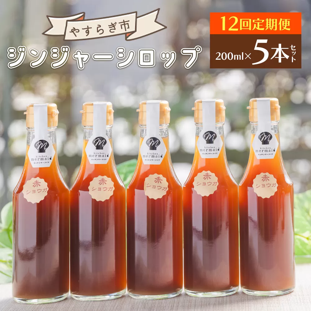 【12回定期便】やすらぎ市 ジンジャーシロップ200ml×5本 - 赤生姜 ショウガ あか しょうが 贈り物 おすそ分け 特産品 ジンジャーエール 料理 調味料 手作りドリンク お菓子 お歳暮 御歳暮 熱中症対策 高知県 香南市 Wyr-0059