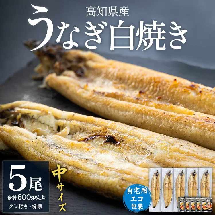 高知県産うなぎの白焼き 中サイズ 5尾（合計600g以上）タレ付き 自宅用エコ包装 - 鰻 ウナギ 有頭 つまみ ご飯のお供 簡易包装 家庭用 老舗 国産 土佐湾 丑の日 吉川水産 高知県 香南市【冷凍】 yw-0047