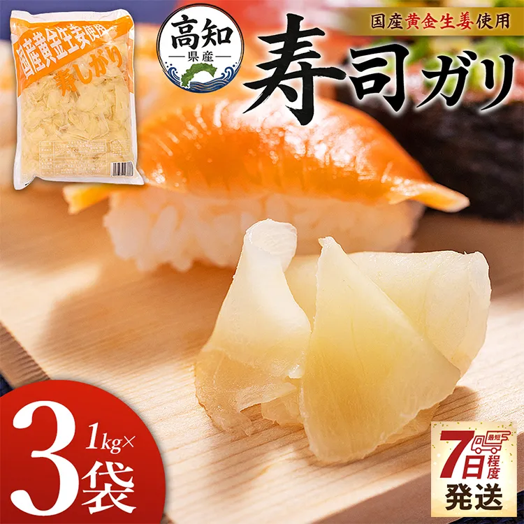 【7日程度で発送】国産黄金生姜使用 寿司ガリ 1kg×3袋 - 送料無料 早い スピード発送 7日程度 早く 届く 生姜 ジンジャー ガリ がり 寿司がり 寿しがり お寿司 付け合せ 漬物 漬け物 国産 特産品 黄金しょうが しょうが ショウガ 高知県産 坂田信夫商店 高知県 香南市 常温 Xnb-0012