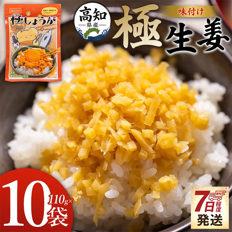 【7日程度で発送】味付け 極しょうが 110g×10袋 計1100g - 送料無料 早い スピード発送 7日程度 早く 届く 生姜 ジンジャー ご飯のお供 おかず トッピング アレンジ 料理 手軽 便利 刻み生姜 国産 特産品 しょうが ショウガ 高知県産 坂田信夫商店 高知県 香南市 常温 Xnb-0014