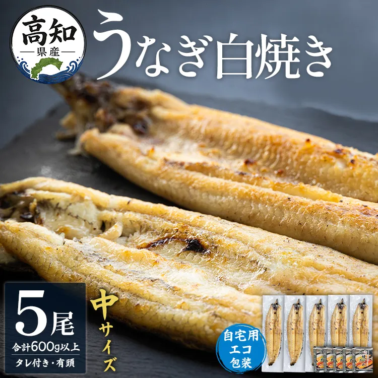 高知県産うなぎの白焼き 中サイズ 5尾(合計600g以上)タレ付き 自宅用エコ包装 - 鰻 ウナギ 有頭 つまみ ご飯のお供 簡易包装 家庭用 老舗 国産 土佐湾 丑の日 吉川水産 高知県 香南市【冷凍】 yw-0047