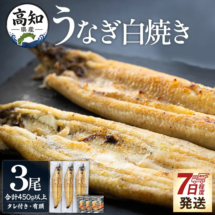 【7日程度で発送】高知県産うなぎの白焼き 150〜180g×3尾 - エコ包装 国産 うなぎ 白焼き 鰻 冷凍 高知 yw-0115