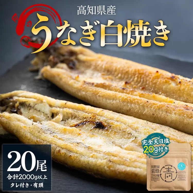 国産うなぎ 高知県産 白焼き 20尾(100〜110g×20尾) 合計2kg以上 田野町完全天日塩 20g付き - 鰻 ウナギ 有頭 つまみ 蒲焼きのたれ タレ付き ご飯のお供 黒箱 老舗 国産 吉川水産 高知県 香南市 冷凍 yw-0088