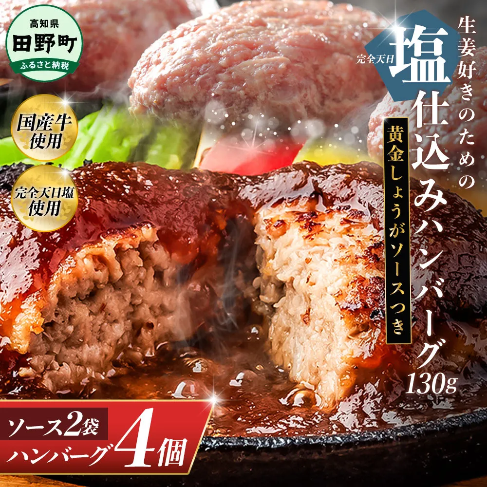 塩仕込みハンバーグ 4個入り 黄金しょうがソース付 2袋 美鮮豚 びせんとん 生姜 田野屋青蜂 白鯆 完全天日塩 肉 お肉 国産牛 四万十ポーク おかず 惣菜 ジューシー おいしい 洋食 お取り寄せ 冷凍 配送 高知県 田野町