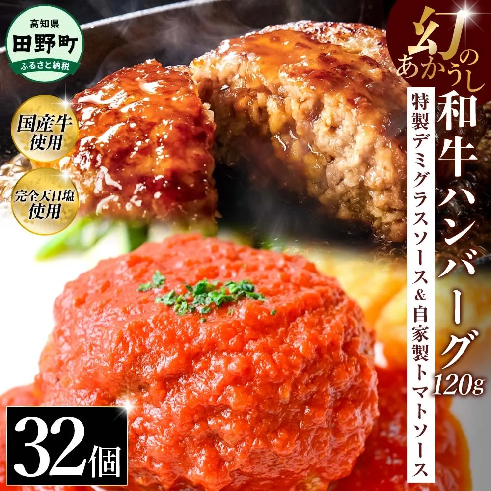 幻のあかうし和牛ハンバーグ 32個入り 1個120g 特製デミソース トマトソース付き 田野屋青蜂 白鯆 完全天日塩練り込み 肉 お肉 国産牛 おかず おいしい お取り寄せ 冷凍 配送 高知県 田野町