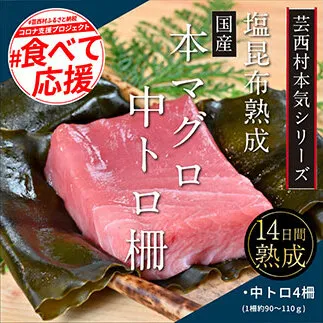 KGP019　緊急支援 芸西村本気の人気海鮮『塩昆布14日間熟成 本マグロ（中トロ）柵（4P）』本まぐろ 刺身 刺し身 魚 惣菜 海鮮丼 魚介類 食べきりサイズ 小分け 冷凍 天然 ギフト お祝い 食べて応援  フードロス