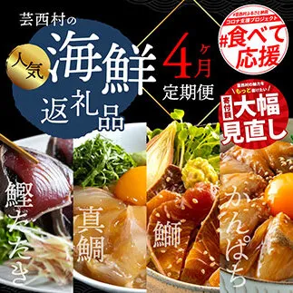 t022kyf 海鮮 芸西村4ヵ月連続定期便 人気海鮮返礼品を集めた定期便/1回目:訳ありかつおたたき1.5kg、2回目:真鯛の漬け丼、3回目:ブリ漬け丼、4回目:かんぱち漬け丼 高知 土佐 かつおたたき 訳あり 訳 お楽しみ[高知県・高知市共通返礼品]