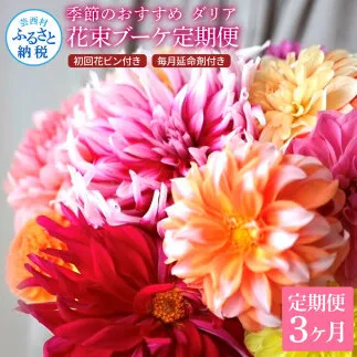 t181tmf [3ヵ月定期便] ダリア 花束 初回花瓶付 定期便 定期コース 全3回 延命剤付き ラッピング 花びん 生花 花束 ブーケ 花 お花 可愛い キレイ おしゃれ 供花 お供え ギフト プレゼント
