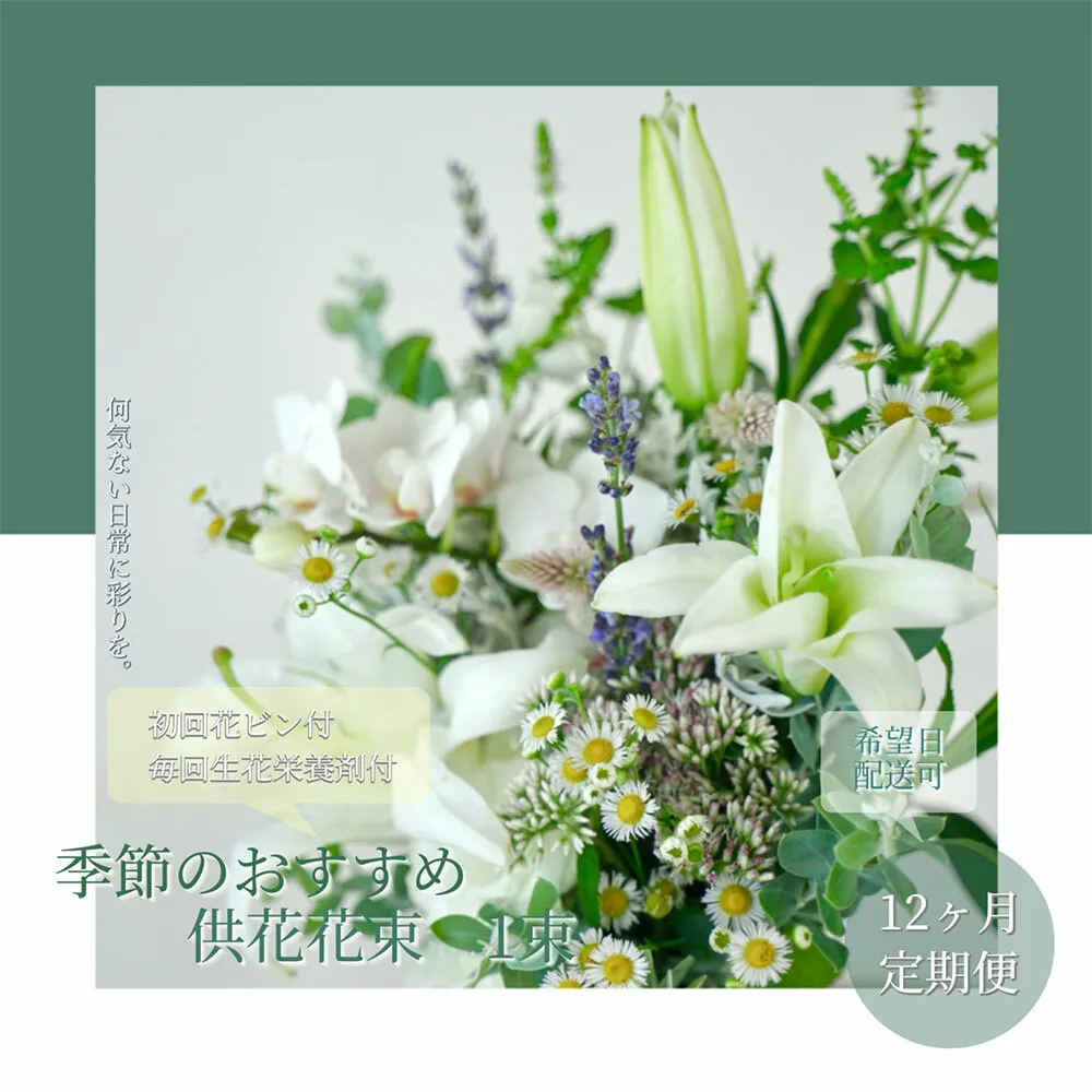 t168tmf [12ヵ月定期便]花束一束 お供え 初回花瓶付S 定期便 定期コース 全12回 初回花瓶付き 延命剤付き 花びん 生花 仏花 供花 花束 はな 花 法要 お盆 おすすめ 一束 季節のお花 供花 お供え