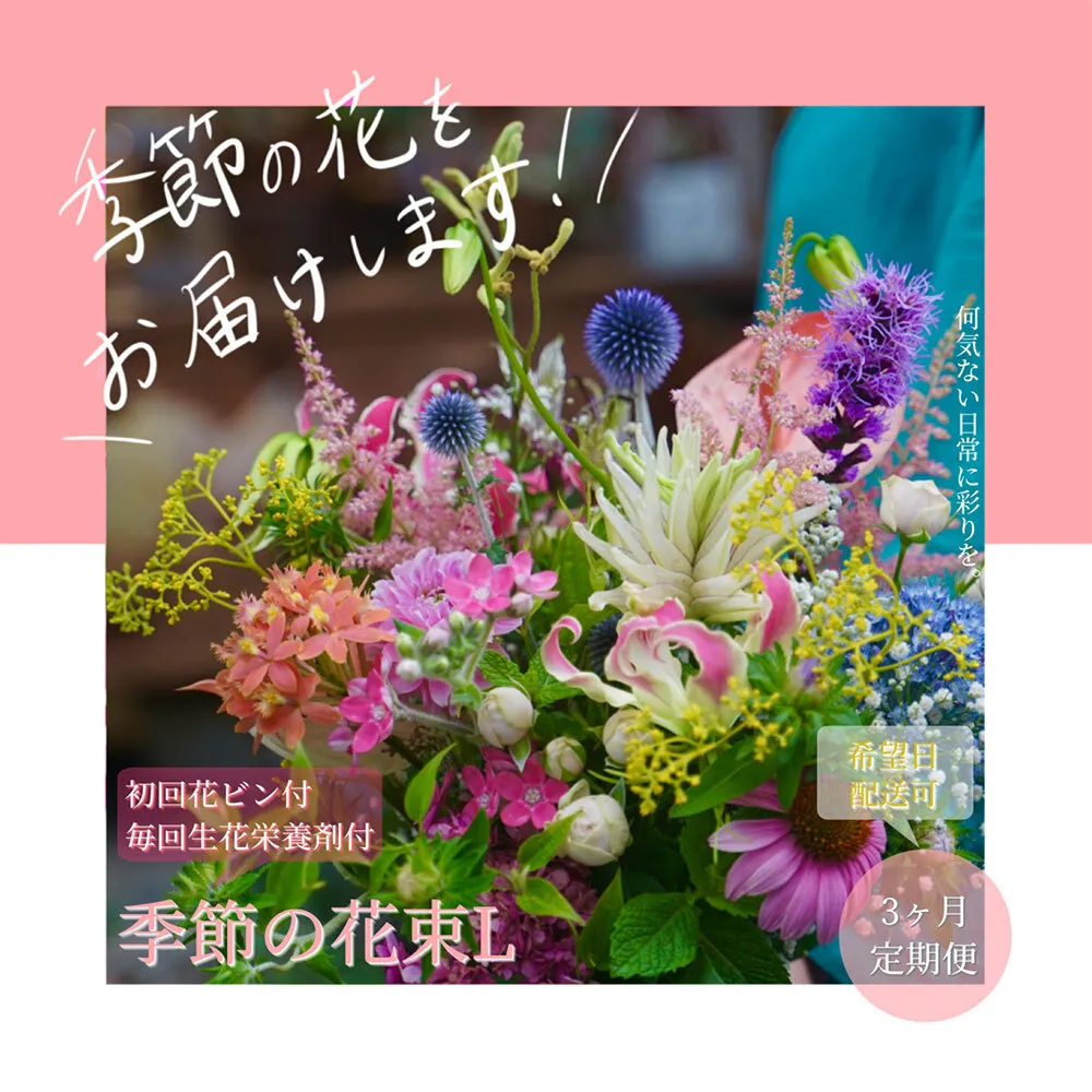 t157tmf [3ヵ月定期便]生花花束 ブーケ 初回花瓶付L 定期便 定期コース 全3回 初回花瓶付き 延命剤付き 花びん 生花 花束 ブーケ 花 お花 おすすめ 可愛い キレイ おしゃれ 季節のお花 供花 お供え