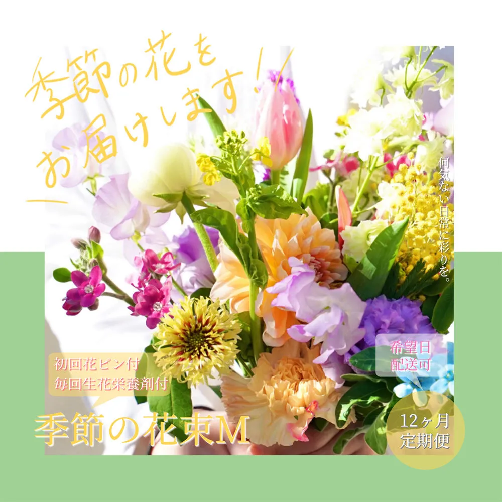 t156tmf [12ヵ月定期便]生花花束 ブーケ 初回花瓶付M 定期便 定期コース 全12回 初回花瓶付き 延命剤付き 花びん 生花 花束 ブーケ 花 お花 可愛い キレイ おしゃれ 季節のお花 供花 お供え
