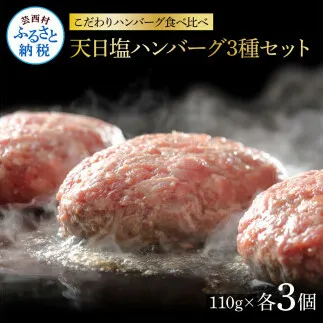CDM016　 食べ比べ！天日塩ハンバーグ3種セット各3個(110g×3種) 合計9個 ハンバーグ 黒毛和牛 美鮮豚 天然塩 天日塩 デミグラスソース 和風ソース ソース付き 牛肉 豚肉 温めるだけ 冷凍 配送 国産 故郷納税 