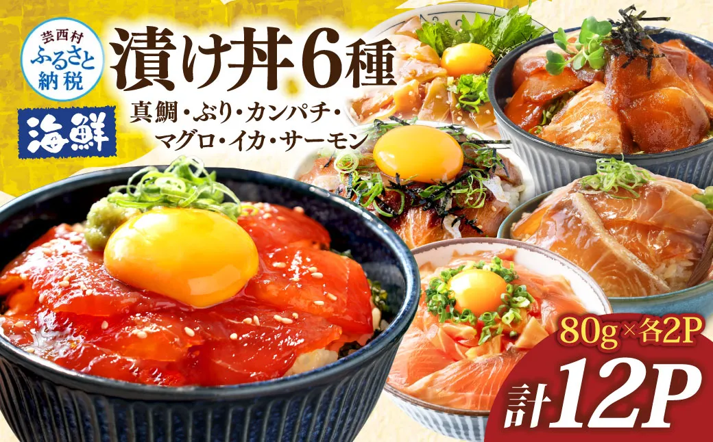 漬け丼6種セット 真鯛・ブリ・カンパチ・マグロ・サーモン・イカ 1食80g×計12P タイ 鰤 鮪 海鮮丼 刺身 海鮮 魚介 魚 お茶漬け 炊き込みご飯 惣菜 おかず 冷凍 配送