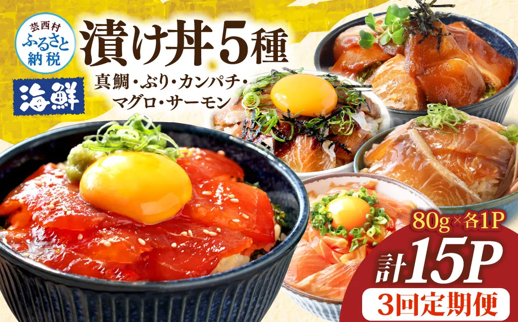 漬け丼5種セット 真鯛・ブリ・カンパチ・マグロ・サーモン 1食80g×計15P 3回定期便 タイ 鰤 鮪 海鮮丼 刺身 海鮮 魚介 魚 お茶漬け 炊き込みご飯 惣菜 おかず 冷凍 配送