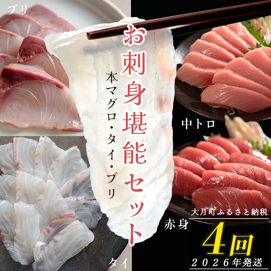 【定期便 4回】本マグロ タイ ブリ 刺身 本まぐろ 真鯛 ぶり 堪能セット 海鮮セット 産地直送 お刺身セット 新鮮 魚介 冷凍 真空パック 高知県 大月町