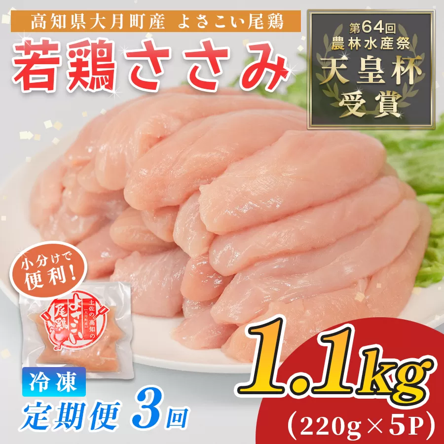 鶏肉 ささみ 1.1kg 定期便 3回 （1.1kg×3回） 鶏ささみ ササミ チキン 若鶏 ブランド鶏 最優秀賞 天皇杯 受賞 小分け 冷凍 骨なし お弁当 ササミフライ 梅しそ 筋トレ 高たんぱく 3.3kg 大容量 よさこい尾鶏 高知県 大月町