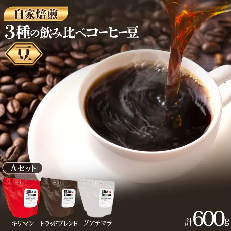 GRAN TORINO 200g×3種類 コーヒー 豆 キリマン トラッドブレンド グアテマラ 3種 飲み比べ セット 計600g 自家焙煎 珈琲豆 ドリンク 飲料 福岡県 福岡 九州 お取り寄せ