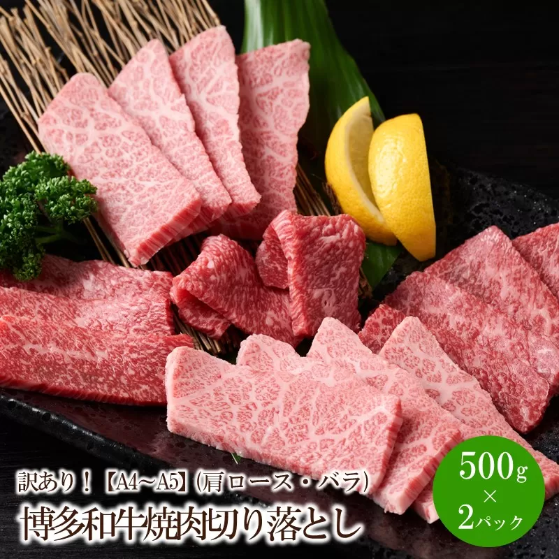 訳あり!【A4~A5】博多和牛焼肉切り落とし(肩ロース・バラ)1kg(500g×2パック)【014-0035】