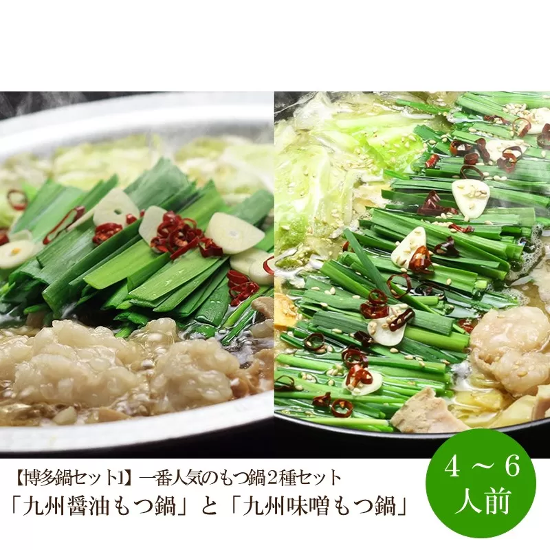 【博多鍋セット1】一番人気のもつ鍋2種セット「九州醤油もつ鍋」と「九州味噌もつ鍋」4～6人前【059-0060】