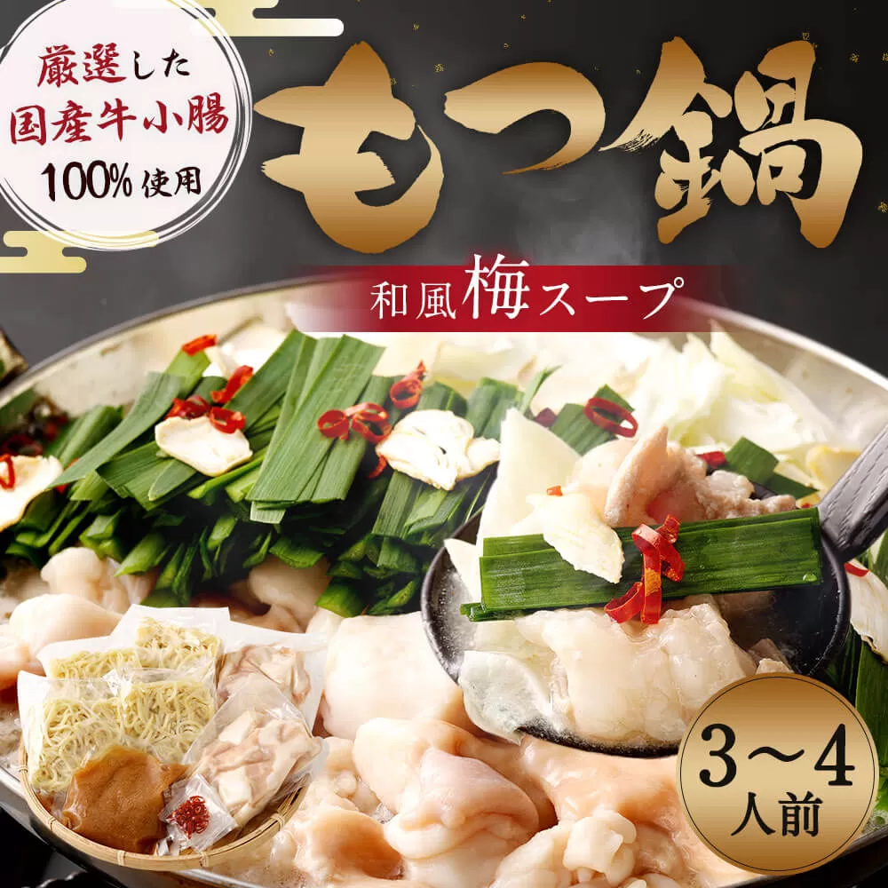 九州産 もつ鍋 梅〜スープ（合計1.3kg／3〜4人前） 国産牛 小腸 ちゃんぽん麺