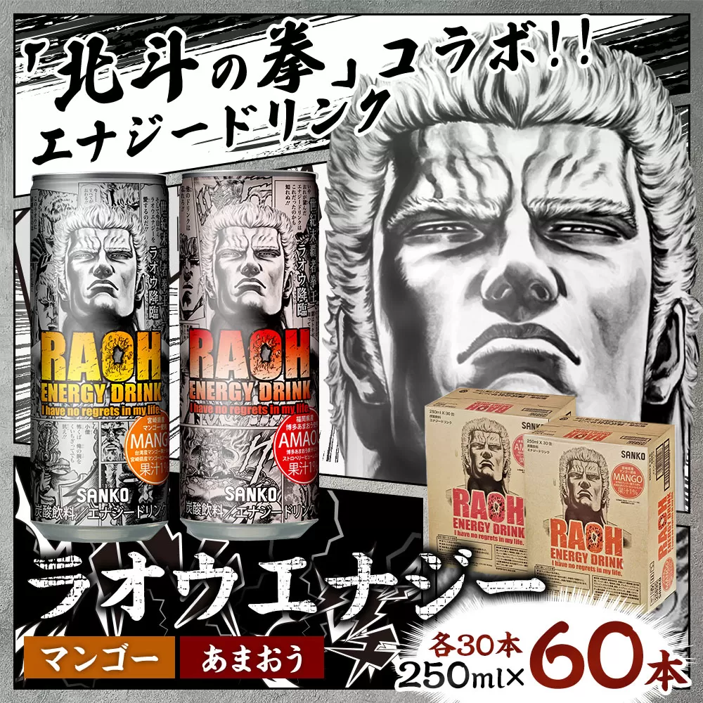 ラオウエナジー あまおう＆マンゴーセット 2ケース／60本入り 「北斗の拳」コラボ エナジードリンク 250ml×30本×2種 計60本 合計15L ラオウ エナジー マンゴー味 博多あまおう味 炭酸飲料 常温 福岡県 太宰府市