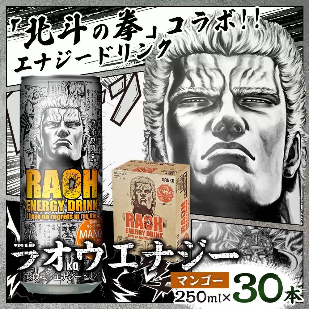 ラオウエナジー マンゴー 1ケース／30本入り 「北斗の拳」コラボ 250ml×30本 合計7.5L エナジードリンク ラオウ エナジー マンゴー味 炭酸飲料 常温 福岡県 太宰府市