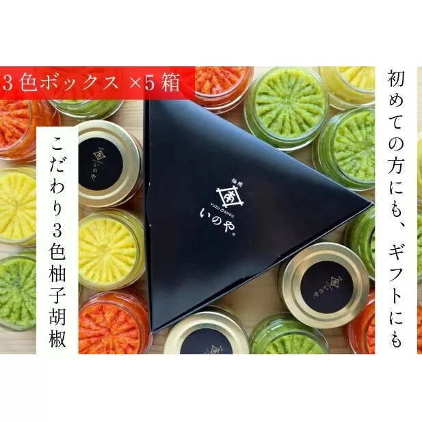 いのや。の3色 柚子胡椒セット（赤・黄・緑 各色60g）【ボックス付】×5※配送不可：離島 調味料 3種類 贈り物 ギフトボックス 詰め合わせ 食卓 肉料理 魚料理 おかず 味付け 辛味 ピリ辛 食べ比べ お年賀 ギフト 