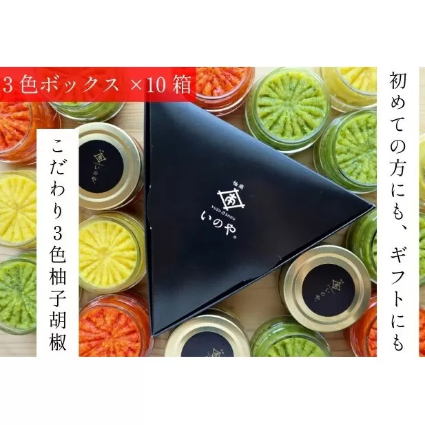 いのや。の3色 柚子胡椒セット（赤・黄・緑 各色60g）【ボックス付】×10※配送不可：離島 調味料 3種類 贈り物 ギフトボックス 詰め合わせ 食卓 肉料理 魚料理 おかず 味付け 辛味 ピリ辛 食べ比べ お年賀 ギフト 