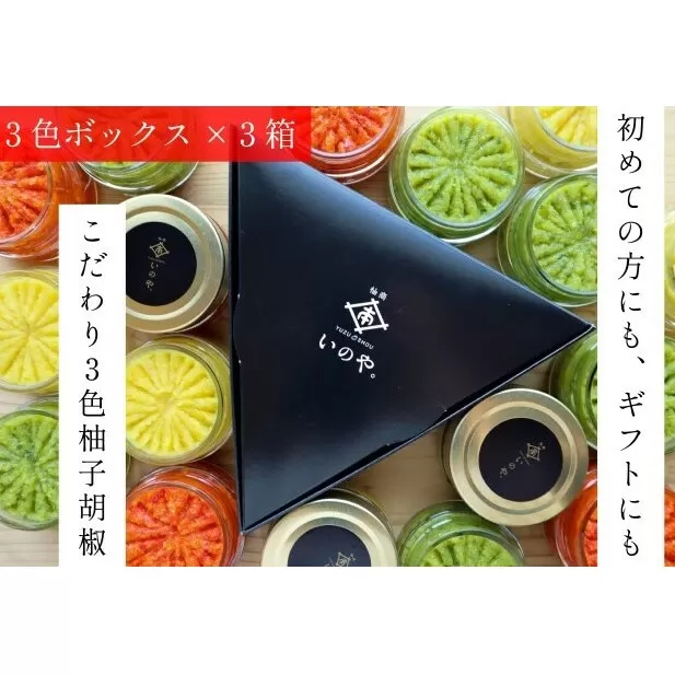 いのや。の3色柚子胡椒セット（赤・黄・緑 各色60g）【ボックス付】×3※配送不可：離島 調味料 3種類 贈り物 ギフトボックス 詰め合わせ 食卓 肉料理 魚料理 おかず 味付け 辛味 ピリ辛 食べ比べ 