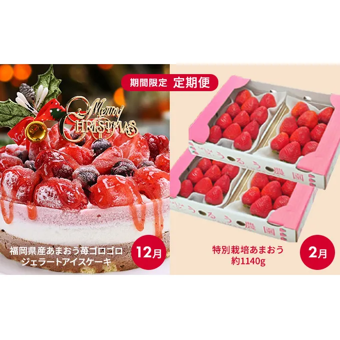 定期便 2回 2024年 クリスマス 限定 福岡産 あまおう 苺 ゴロゴロジェラート アイスケーキ 5号＆あまおう スタンダード 4p 約1140g 配送不可 離島 オンライン決済限定 イベント 