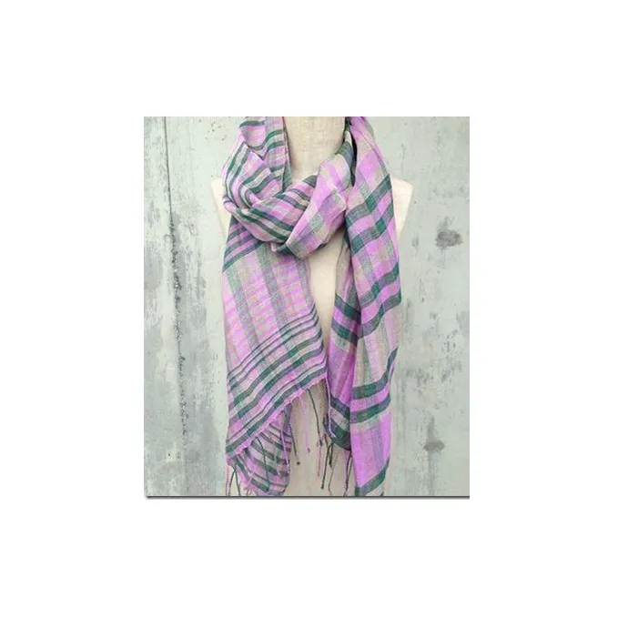 ito to iro 手染め・手織り仕上げ　「ストール」ラベンダーピンクベース・チェック ファッション小物