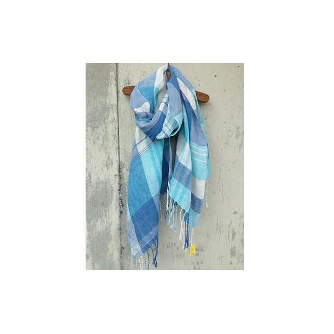 ito to iro 手染め・手織り仕上げ　「ストール」ブルー×ホワイトベース・チェック ファッション小物