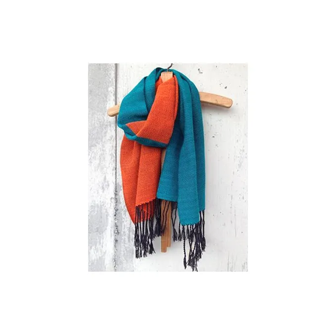 ito to iro 手染め・手織り仕上「ストール」 ターコイズグリーン×オレンジ・バイカラー（ツイル織り） ファッション小物