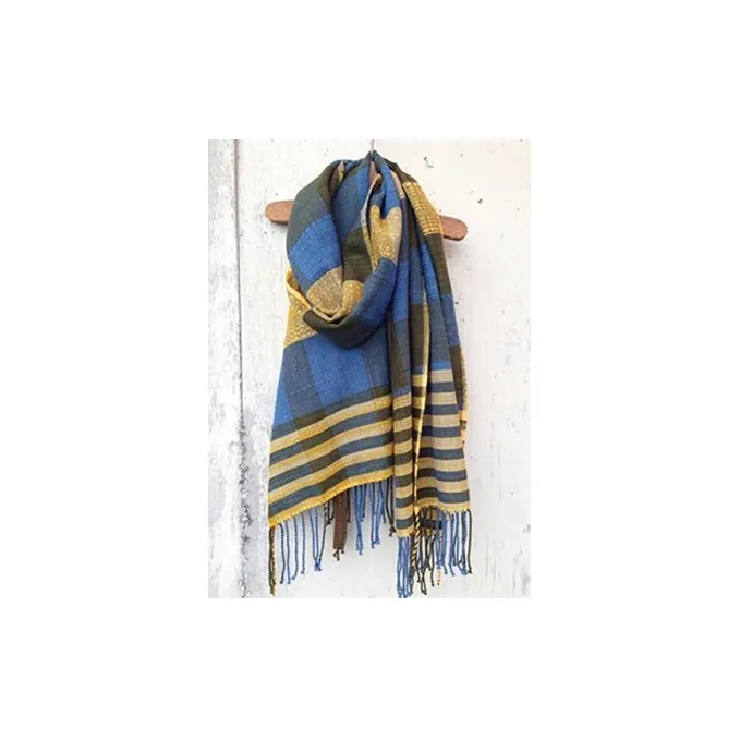 ito to iro 手染め・手織り仕上「ストール」 ネイビー×カーキベース変化織りポイント ファッション小物