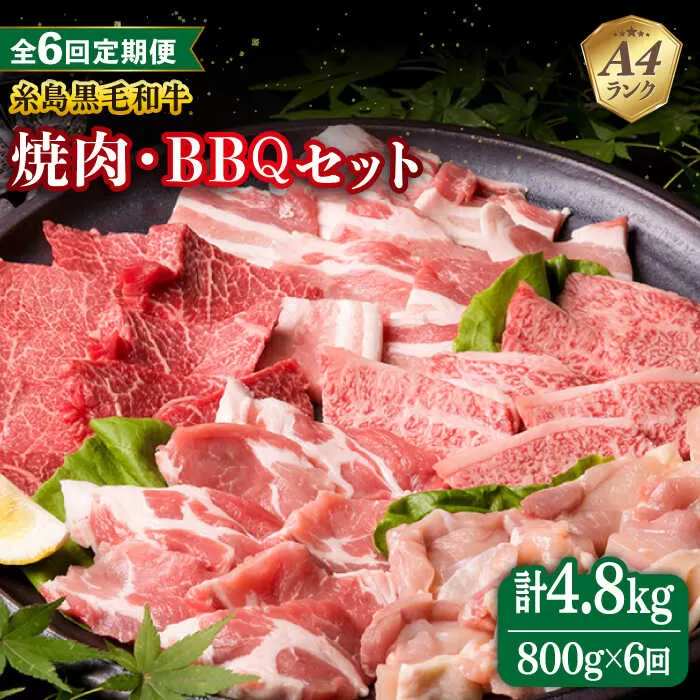 【全6回定期便】焼肉・バーベキュー セット 計800g 牛モモ 牛バラ 豚バラ 豚肩ロース 鶏もも肉  糸島市 / 糸島ミートデリ工房 [ACA273]