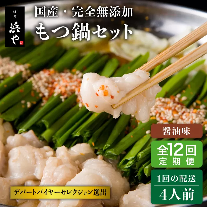 【全12回定期便】国産 ・ 完全 無添加 もつ鍋 セット ×2 ( 約 4人前 ) しょうゆ味 糸島市 / 博多 浜や [AFF016]
