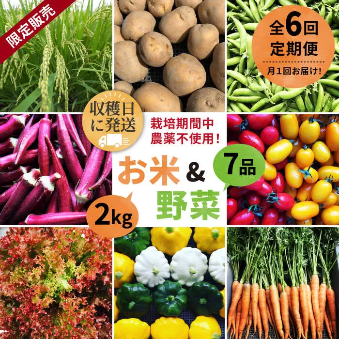 【全6回定期便】【☆畑直送☆限定販売！栽培期間中農薬不使用！】お 米 2kg & 野菜 7品 の セット 糸島市 / オーガニックナガミツファーム [AGE037]