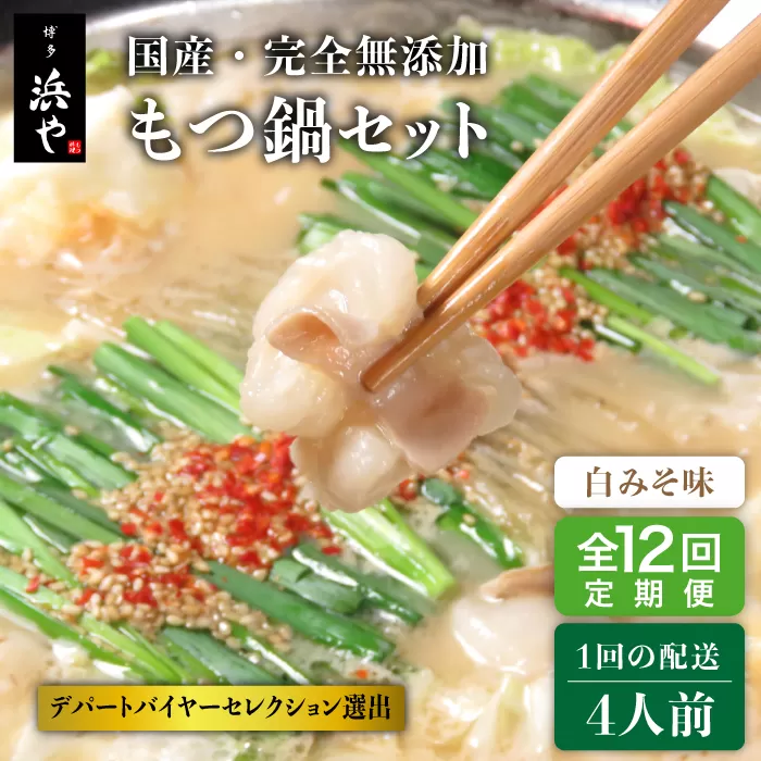 【全12回定期便】国産 ・ 完全 無添加 もつ鍋 セット ×2 ( 約 4人前 ) 白みそ味 糸島市 / 博多 浜や[AFF010]